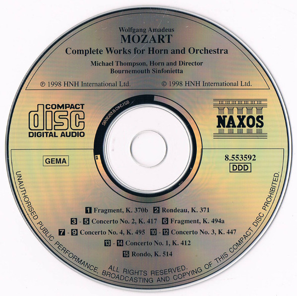 Mozart* - Michael Thompson (2), Bournemouth Sinfonietta - Complete Works For Horn And Orchestra (CD, Album) (Near Mint (NM or M-)) - Image 3