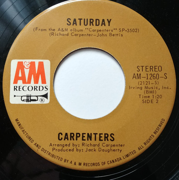 Carpenters - Rainy Days And Mondays / Saturday (7", Single) (Very Good Plus (VG+)) - Image 2