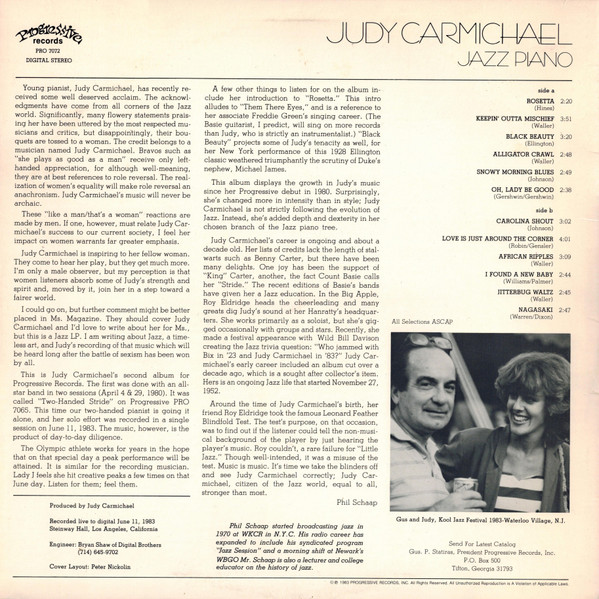 Judy Carmichael - Jazz Piano (LP, Album) (Near Mint (NM or M-)) - Image 2