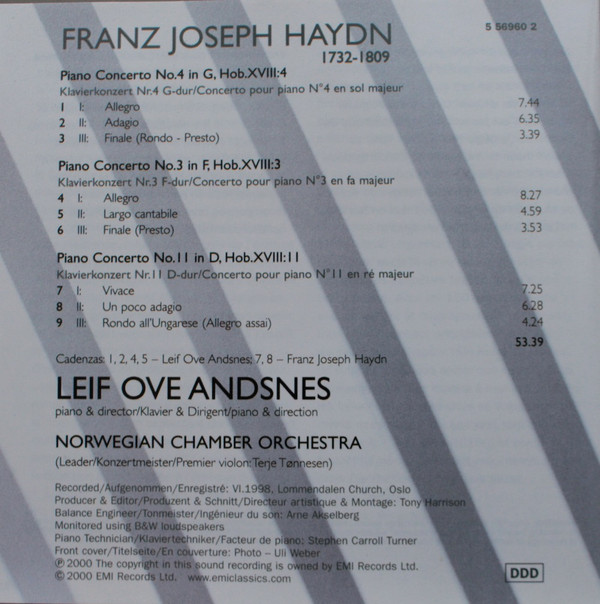 Haydn* - Leif Ove Andsnes, Norwegian Chamber Orchestra* - Piano Concertos Nos. 3, 4 & 11 (CD) (Near Mint (NM or M-)) - Image 3