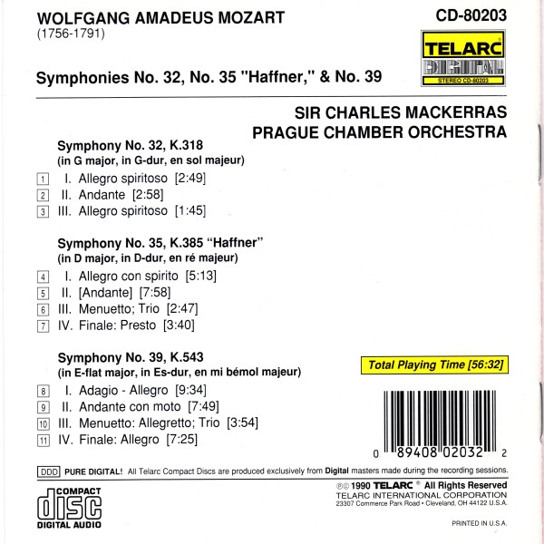 Mozart*, Sir Charles Mackerras, Prague Chamber Orchestra - Symphonies No. 32, No.35 "Haffner," & No. 39 (CD) (Near Mint (NM or M-)) - Image 2