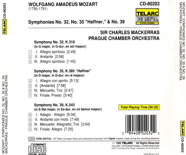 Mozart*, Sir Charles Mackerras, Prague Chamber Orchestra - Symphonies No. 32, No.35 "Haffner," & No. 39 (CD) (Near Mint (NM or M-)) - Image 3