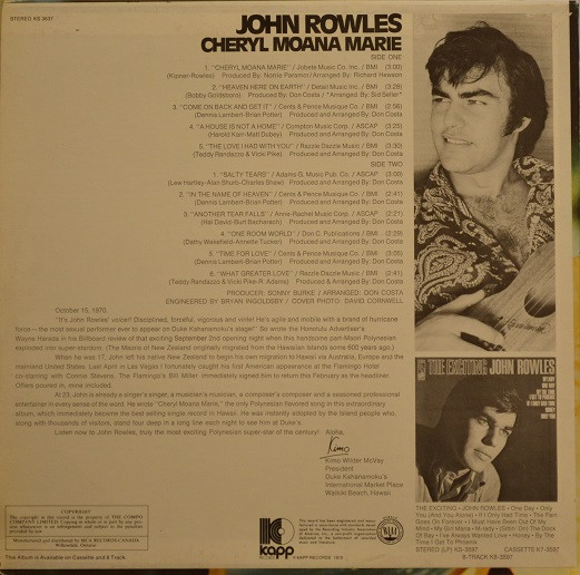 John Rowles - Cheryl Moana Marie (LP, Album) (Mint (M)) - Image 2
