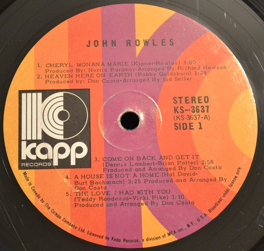 John Rowles - Cheryl Moana Marie (LP, Album) (Mint (M)) - Image 3