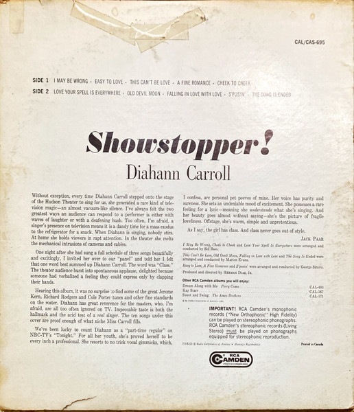 Diahann Carroll - Showstopper (LP, Mono) (Very Good Plus (VG+)) - Image 2