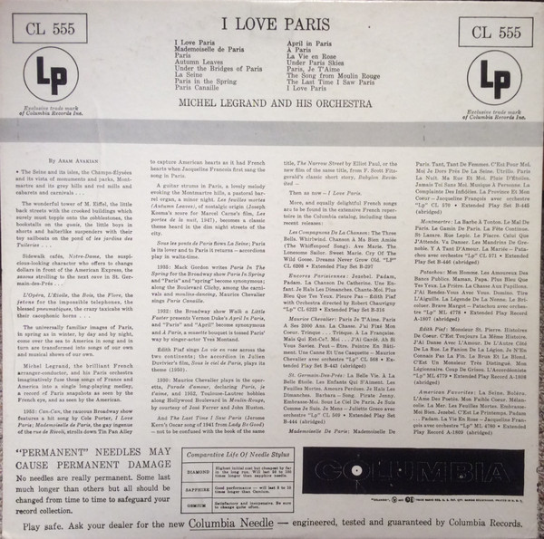 Michel Legrand Et Son Orchestre - I Love Paris (LP, Album) (Very Good (VG)) - Image 2