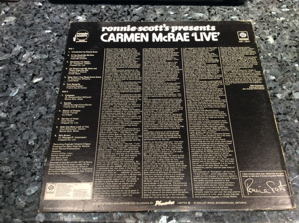 Carmen McRae - Ronnie Scott's Presents Carmen McRae 'Live' (LP, Album) (Near Mint (NM or M-)) - Image 2
