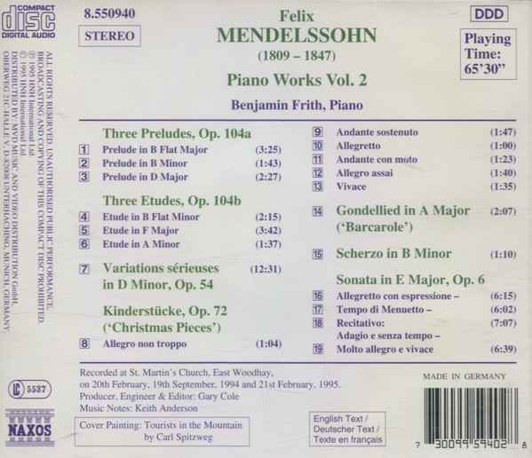 Mendelssohn*, Benjamin Frith - Piano Works Vol. 2 (CD, Album) (Near Mint (NM or M-)) - Image 2