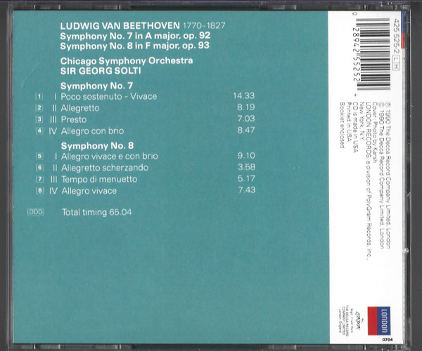 Beethoven*, Chicago Symphony Orchestra, Sir Georg Solti* - Symphonies 7 & 8 (CD, Album) (Near Mint (NM or M-)) - Image 2