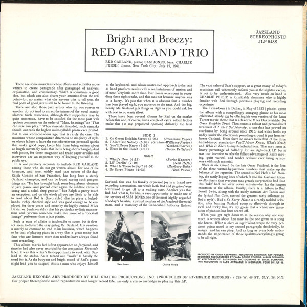 The Red Garland Trio - Bright And Breezy (LP, Album) (Very Good Plus (VG+)) - Image 2