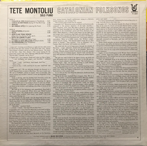 Tete Montoliu - Catalonian Folksongs (Solo Piano) (LP, Album) (Very Good Plus (VG+)) - Image 2