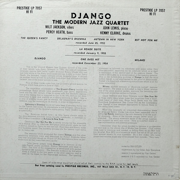 The Modern Jazz Quartet - Django (LP, Album, Mono, RM) (Very Good Plus (VG+)) - Image 2