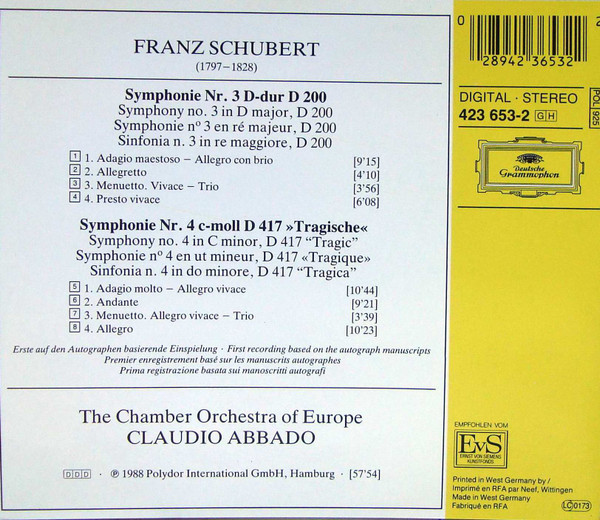 Franz Schubert / The Chamber Orchestra Of Europe, Claudio Abbado - Symphonien Nos. 3 & 4 «Tragische» (CD, Album, RE) (Near Mint (NM or M-)) - Image 2