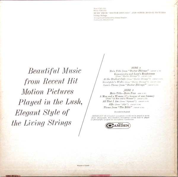 Living Strings - Music From "Doctor Zhivago" And Other Motion Pictures (LP) (Mint (M)) - Image 2