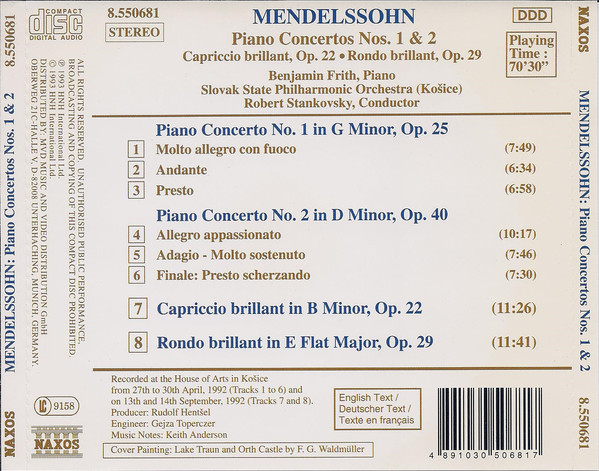 Mendelssohn* - Benjamin Frith, Slovak State Philharmonic Orchestra, Košice, Robert Stankovsky - Piano Concertos Nos. 1 & 2 • Capriccio Brillant, Op. 22 • Rondo Brillant, Op. 29 (CD, Album) (Near Mint (NM or M-)) - Image 2