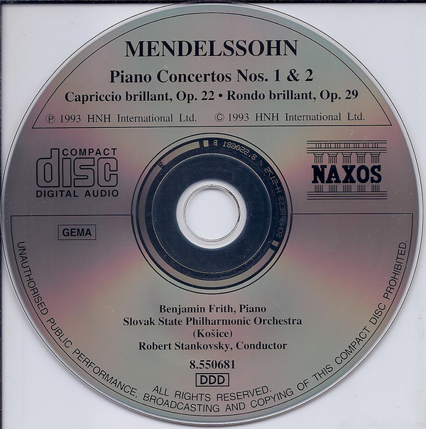 Mendelssohn* - Benjamin Frith, Slovak State Philharmonic Orchestra, Košice, Robert Stankovsky - Piano Concertos Nos. 1 & 2 • Capriccio Brillant, Op. 22 • Rondo Brillant, Op. 29 (CD, Album) (Near Mint (NM or M-)) - Image 3
