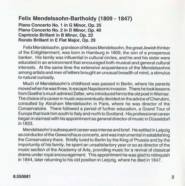 Mendelssohn* - Benjamin Frith, Slovak State Philharmonic Orchestra, Košice, Robert Stankovsky - Piano Concertos Nos. 1 & 2 • Capriccio Brillant, Op. 22 • Rondo Brillant, Op. 29 (CD, Album) (Near Mint (NM or M-)) - Image 5