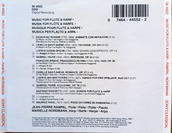 Jean-Pierre Rampal, Marielle Nordmann - Music For Flute & Harp (CD, Album) (Near Mint (NM or M-)) - Image 2