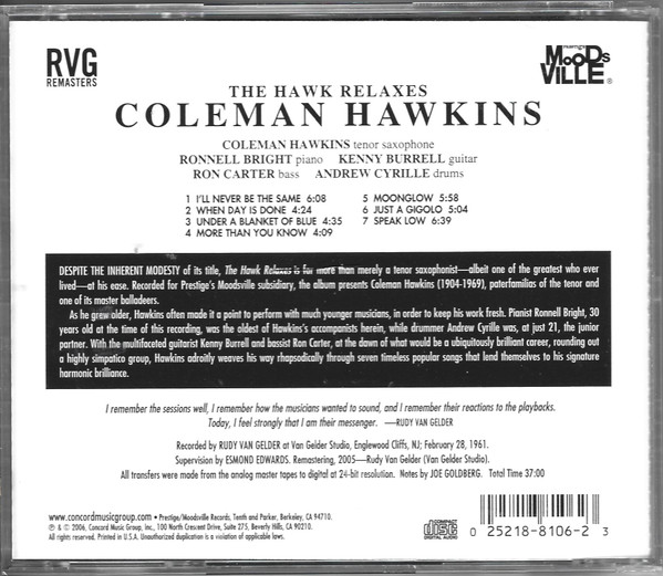 Coleman Hawkins - The Hawk Relaxes (CD, Album, RE, RM) (Near Mint (NM or M-)) - Image 2
