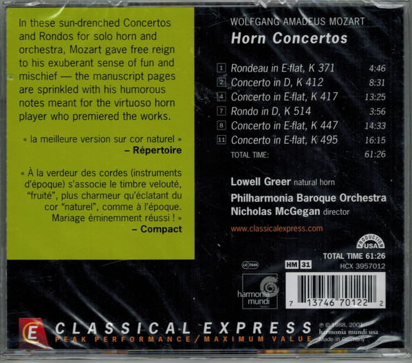 Mozart* - Lowell Greer, Philharmonia Baroque Orchestra, Nicholas McGegan - Horn Concertos (CD, Album, RE) (Near Mint (NM or M-)) - Image 2