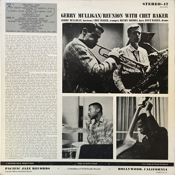 Gerry Mulligan Quartet - Reunion With Chet Baker (LP, Album, RE) (Very Good Plus (VG+)) - Image 2