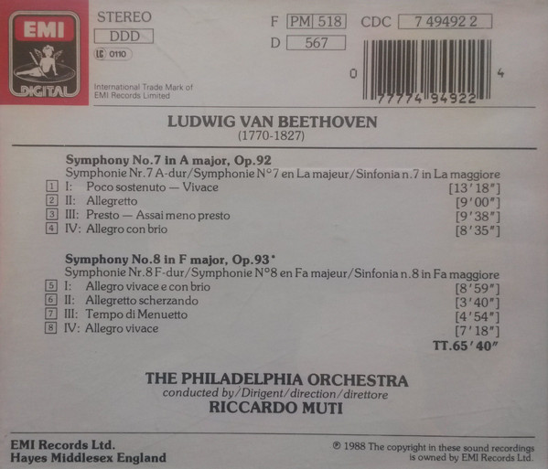 Ludwig van Beethoven, The Philadelphia Orchestra, Riccardo Muti - Symphonien 7 & 8 (CD, Album) (Near Mint (NM or M-)) - Image 2