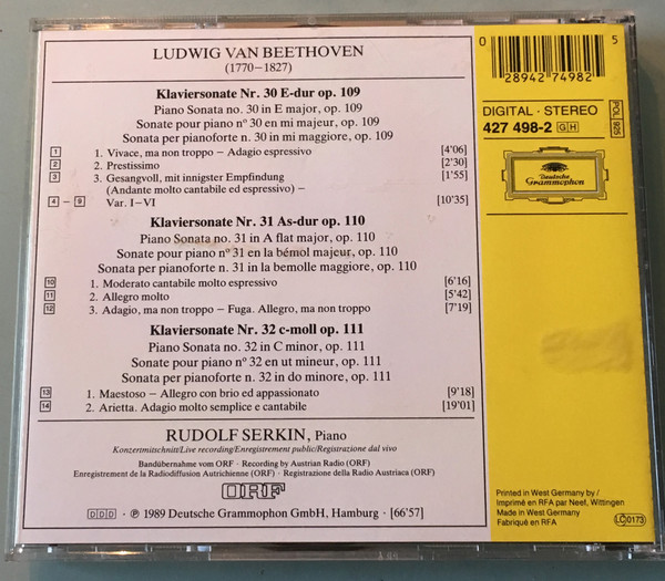 Beethoven*, Rudolf Serkin - Klaviersonaten = Piano Sonatas Op. 109 • Op. 110 • Op. 111 (CD, RE) (Near Mint (NM or M-)) - Image 2
