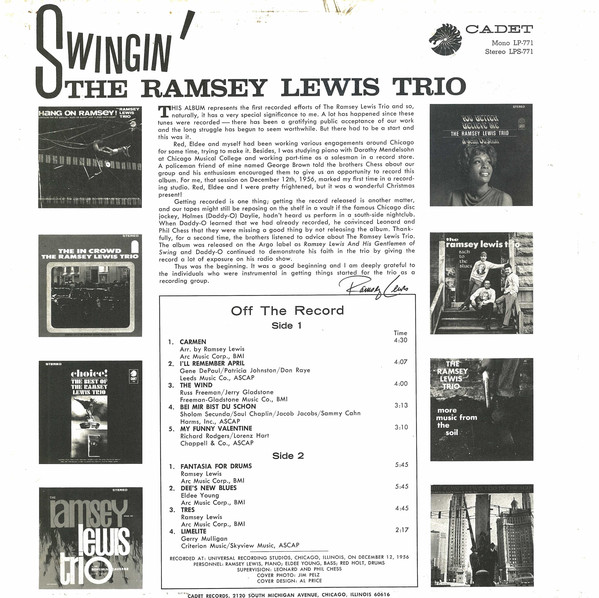 The Ramsey Lewis Trio - Swingin' (LP, Album, Mono, Promo) (Very Good Plus (VG+)) - Image 2