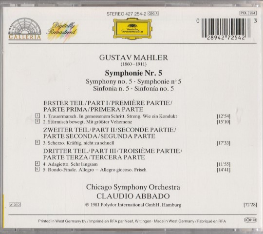 Gustav Mahler, Chicago Symphony Orchestra, Claudio Abbado - Symphonie No.5 (CD, Album, RE, RM) (Near Mint (NM or M-)) - Image 2