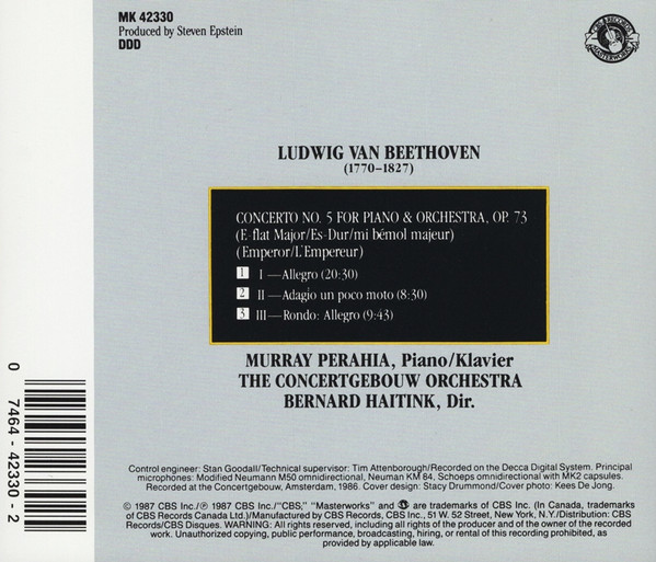 Ludwig van Beethoven, Murray Perahia, Concertgebouworkest, Bernard Haitink - Piano Concerto No. 5 "Emperor" (CD) (Near Mint (NM or M-)) - Image 2