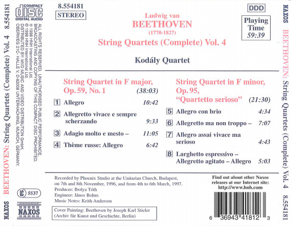 Beethoven* - Kodály Quartet - String Quartets (Complete) Vol. 4 - Op. 59, No. 1 • Op. 95, "Quartetto Serioso" (CD) (Near Mint (NM or M-)) - Image 2