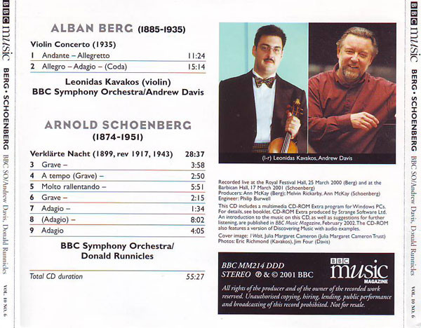 Alban Berg / Arnold Schoenberg - Λεωνίδας Καβάκος, BBC Symphony Orchestra, Andrew Davis, Donald Runnicles - Violin Concerto "To The Memory Of An Angel" / Verklärte Nacht (CD-ROM, Enh) (Near Mint (NM or M-)) - Image 2