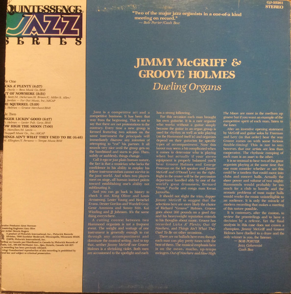 Jimmy McGriff & Richard "Groove" Holmes - Dueling Organs (LP, Album, RE, RM) (Very Good Plus (VG+)) - Image 2