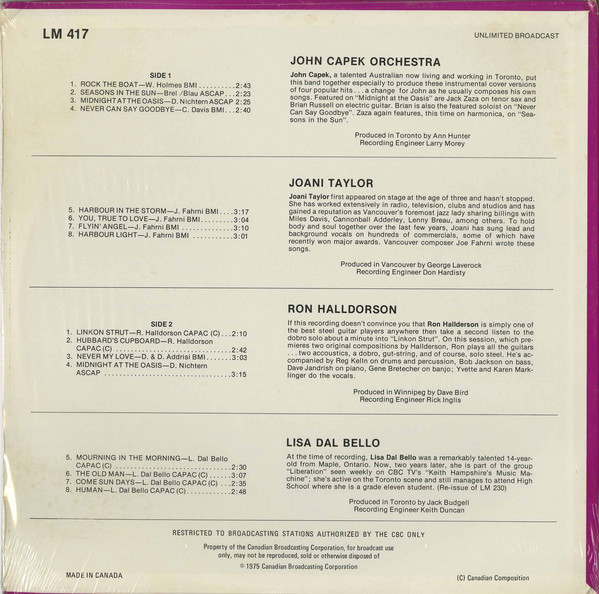 John Capek Orchestra / Joani Taylor / Ron Halldorson / Lisa Dal Bello - John Capek Orchestra / Joani Taylor / Ron Halldorson / Lisa Dal Bello (LP, Transcription) (Very Good Plus (VG+)) - Image 2