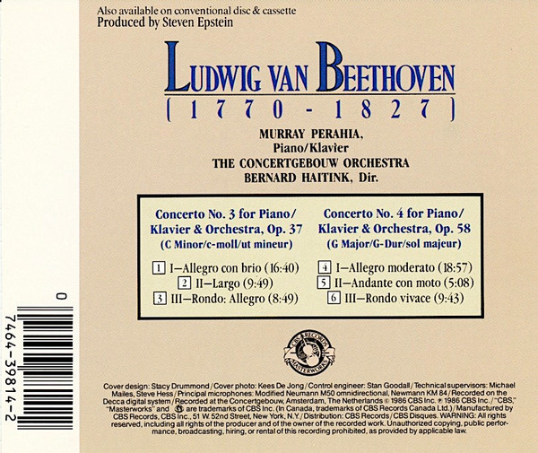 Ludwig van Beethoven - Murray Perahia, Concertgebouworkest, Bernard Haitink - Piano Concertos Nos. 3 & 4 (CD, Album) (Near Mint (NM or M-)) - Image 3