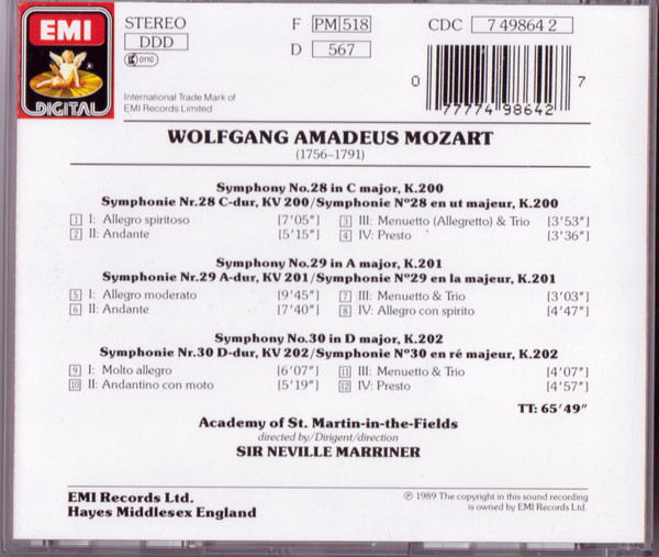Mozart* – Academy Of St. Martin-in-the-Fields* / Neville Marriner* - Symphonies Nos. 28, 29, 30 (CD, Album) (Near Mint (NM or M-)) - Image 2