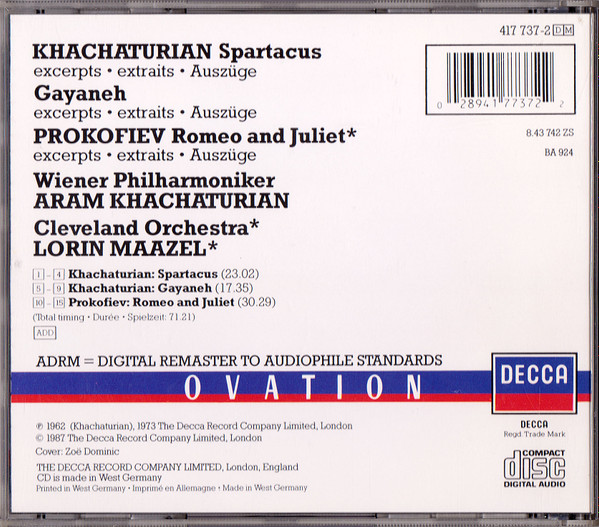 Aram Khatchaturian / Sergei Prokofiev - Lorin Maazel - Spartacus / Gayaneh / Romeo & Juliet (CD, Album, RE) (Near Mint (NM or M-)) - Image 2