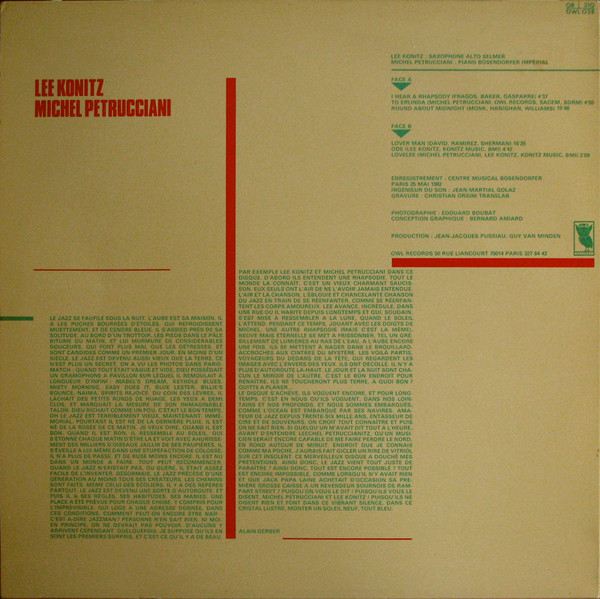 Lee Konitz, Michel Petrucciani - Toot Sweet (LP, Album, Yel) (Very Good Plus (VG+)) - Image 2