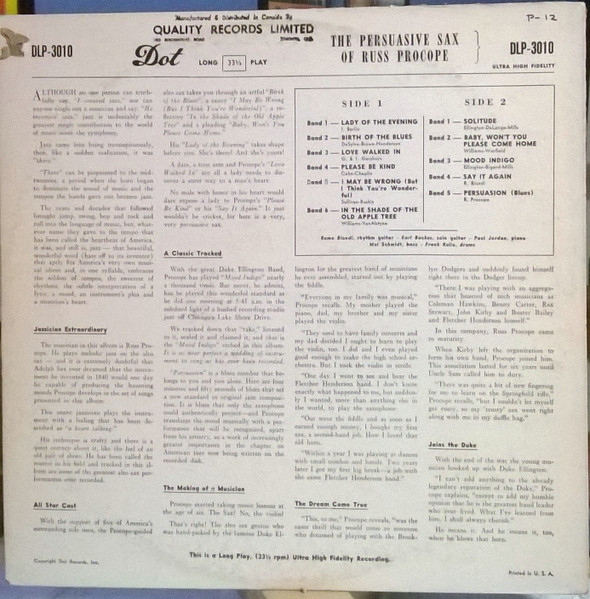 Russ Procope* - The Persuasive Sax Of Russ Procope (LP) (Very Good Plus (VG+)) - Image 2