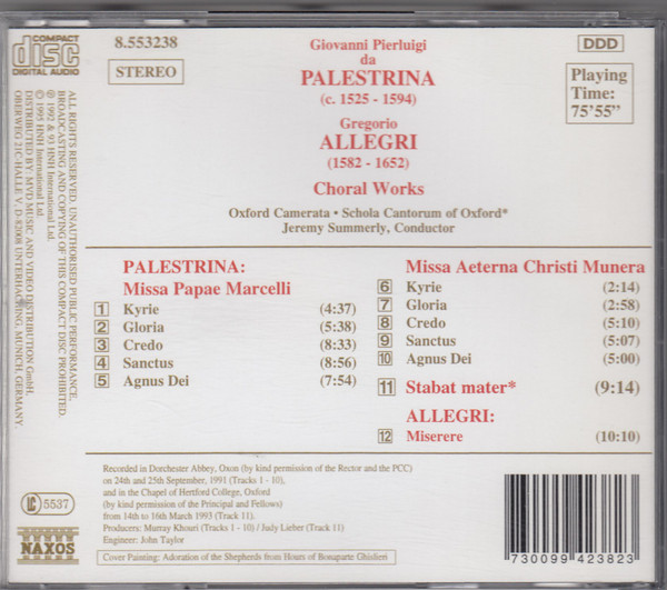 Palestrina* • Allegri* • Oxford Camerata • Schola Cantorum of Oxford • Jeremy Summerly - Missa Papae Marcelli • Missa Aeterna Christi Munera • Stabat Mater • Miserere (CD) (Near Mint (NM or M-)) - Image 2