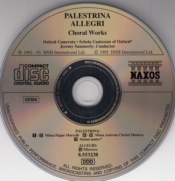 Palestrina* • Allegri* • Oxford Camerata • Schola Cantorum of Oxford • Jeremy Summerly - Missa Papae Marcelli • Missa Aeterna Christi Munera • Stabat Mater • Miserere (CD) (Near Mint (NM or M-)) - Image 3
