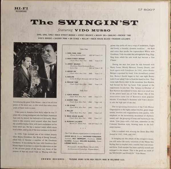 Vido Musso - The Swingin'st (LP, Album, Mono) (Very Good (VG)) - Image 2