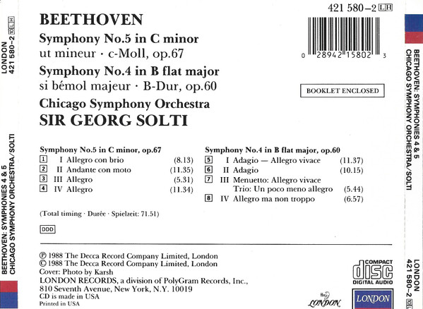 Beethoven* - Chicago Symphony Orchestra, Sir Georg Solti* - Symphonies 4 & 5 (CD, Album) (Near Mint (NM or M-)) - Image 2