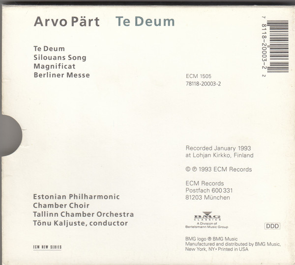 Arvo Pärt, Estonian Philharmonic Chamber Choir, Tallinn Chamber Orchestra, Tõnu Kaljuste - Te Deum (CD, Album) (Near Mint (NM or M-)) - Image 2
