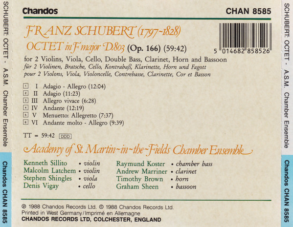 Schubert* - Academy Of St. Martin-in-the-Fields Chamber Ensemble - Octet In F Major D.803 (Op. 166) (CD, Album) (Near Mint (NM or M-)) - Image 2