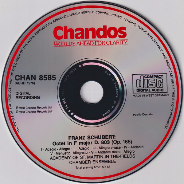 Schubert* - Academy Of St. Martin-in-the-Fields Chamber Ensemble - Octet In F Major D.803 (Op. 166) (CD, Album) (Near Mint (NM or M-)) - Image 3