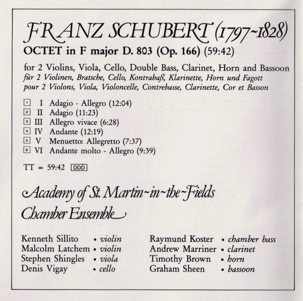 Schubert* - Academy Of St. Martin-in-the-Fields Chamber Ensemble - Octet In F Major D.803 (Op. 166) (CD, Album) (Near Mint (NM or M-)) - Image 5