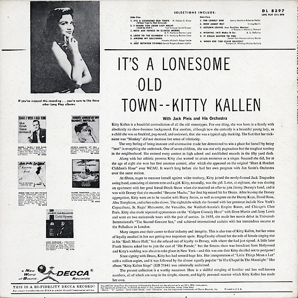 Kitty Kallen With Jack Pleis And His Orchestra - It's A Lonesome Old Town (LP, Album, Mono) (Near Mint (NM or M-)) - Image 2
