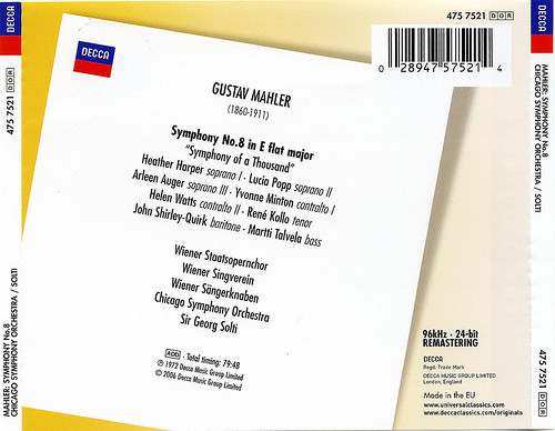 Mahler* - Georg Solti, Chicago Symphony Orchestra, Harper*, Popp*, Auger*, Minton*, Watts*, Kollo*, Shirley-Quirk*, Talvela*, Chorus of the Vienna State Opera*, Singverein Chorus*, Vienna Boys' Choir* - Symphony No. 8 (CD, Album, RE, RM) (Near Mint (NM or M-)) - Image 2