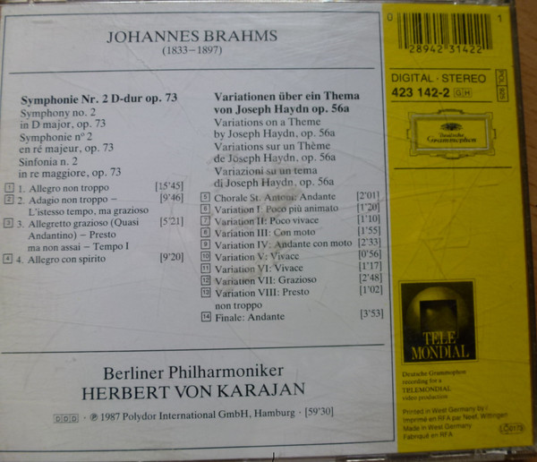 Brahms*, Berliner Philharmoniker, Herbert von Karajan - Symphonie No. 2 • Haydn-Variationen (CD, Album, PDO) (Near Mint (NM or M-)) - Image 2